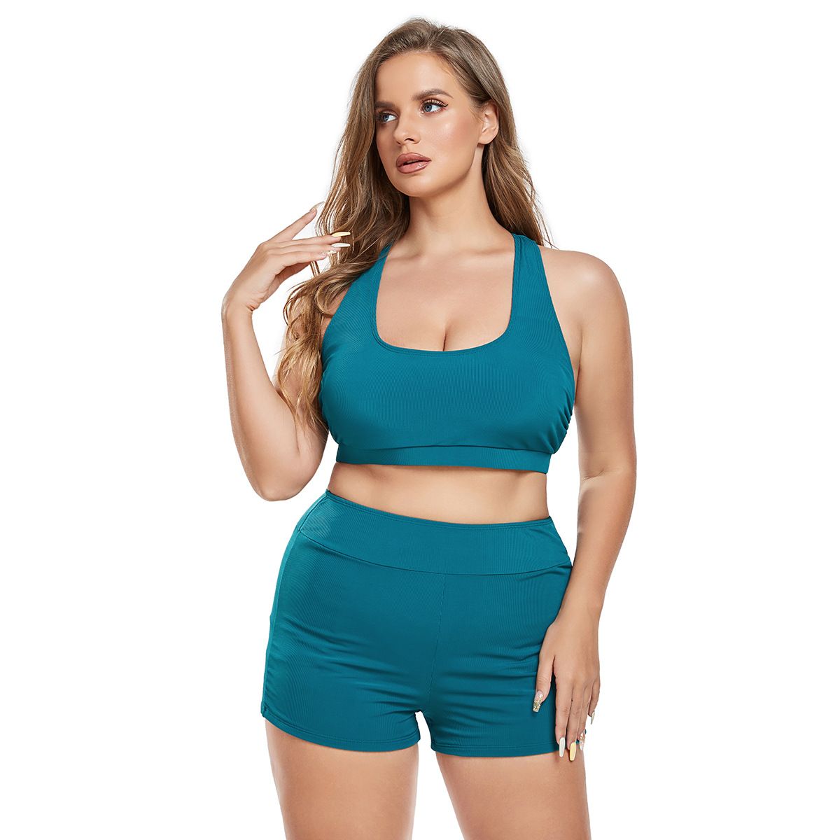 (image for) Plus Size Solid Two‑Piece Boy‑Short Tankini Set Women Conservative Swimwear