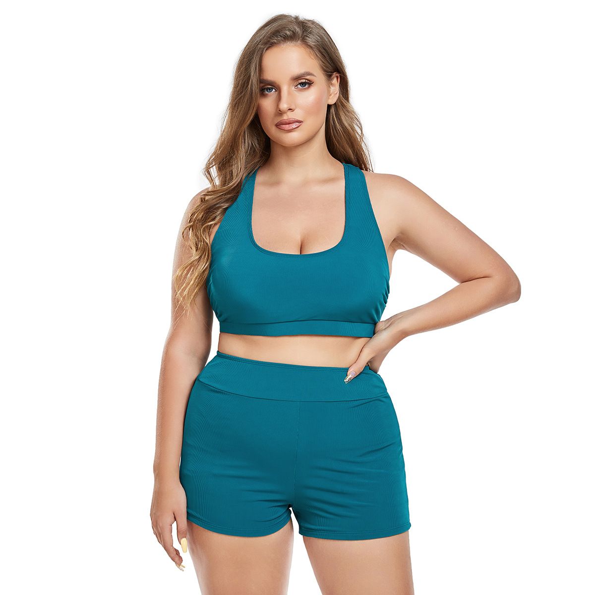 (image for) Plus Size Solid Two‑Piece Boy‑Short Tankini Set Women Conservative Swimwear