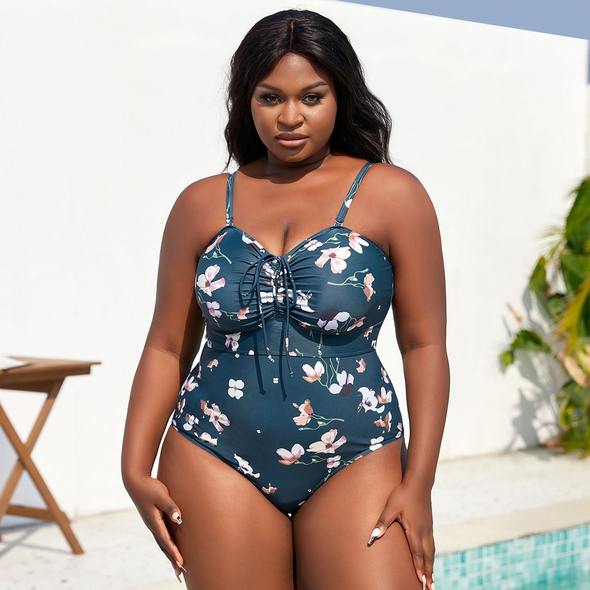 (image for) Plus Size Floral Printed One‑Piece Swimsuit Women Ruched Tie‑Front Spaghetti Strap Bathing Suit
