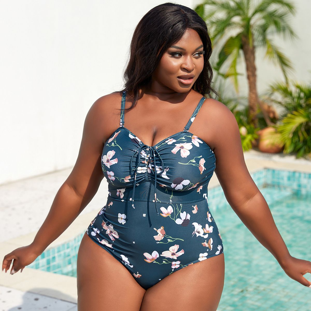 (image for) Plus Size Floral Printed One‑Piece Swimsuit Women Ruched Tie‑Front Spaghetti Strap Bathing Suit