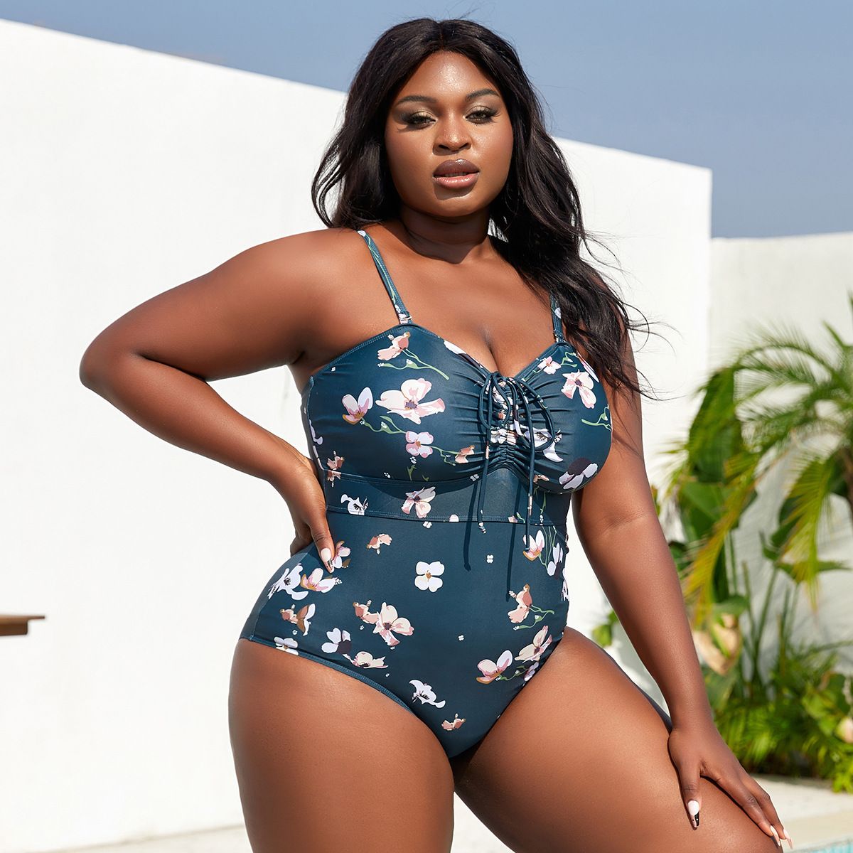 (image for) Plus Size Floral Printed One‑Piece Swimsuit Women Ruched Tie‑Front Spaghetti Strap Bathing Suit