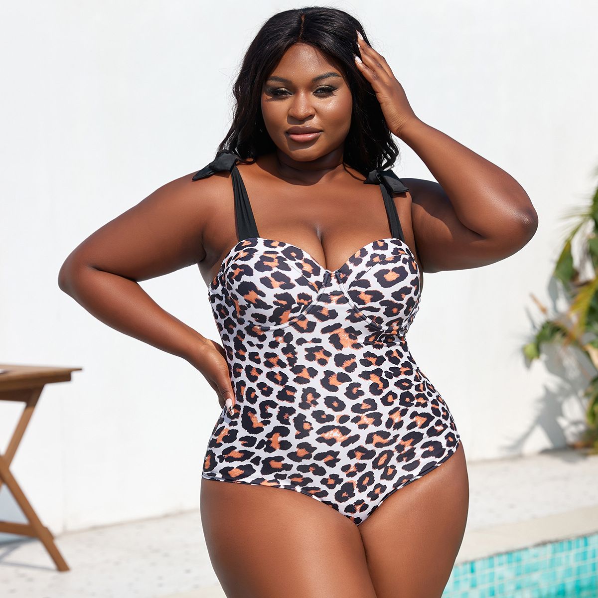 (image for) Plus Size Leopard Print One‑Piece Swimsuit Women Underwire Padded Bow Strap Bathing Suit