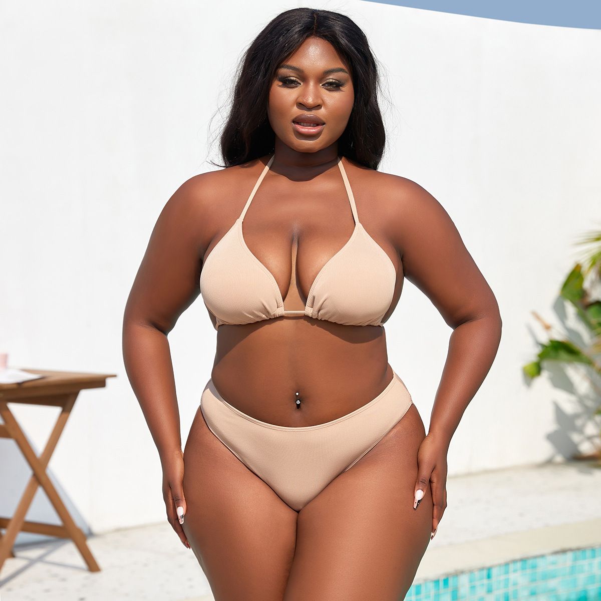 (image for) Plus Size 3‑Piece Halter Backless Bikini Set Solid Skirted Swimwear for Women