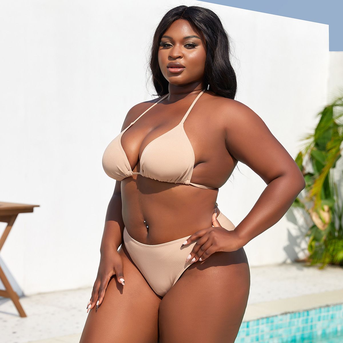 (image for) Plus Size 3‑Piece Halter Backless Bikini Set Solid Skirted Swimwear for Women