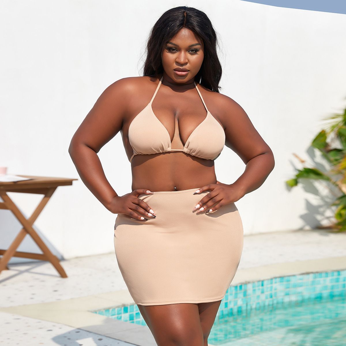 (image for) Plus Size 3‑Piece Halter Backless Bikini Set Solid Skirted Swimwear for Women