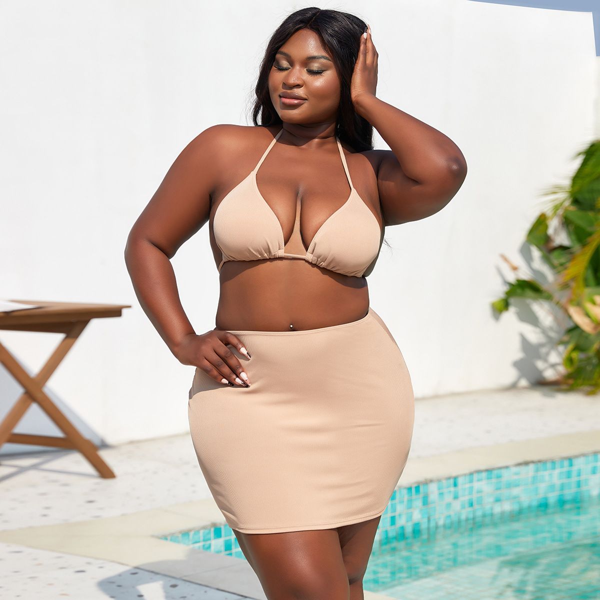 (image for) Plus Size 3‑Piece Halter Backless Bikini Set Solid Skirted Swimwear for Women