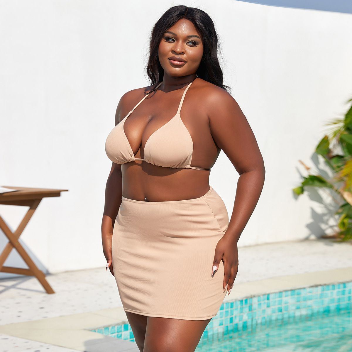 (image for) Plus Size 3‑Piece Halter Backless Bikini Set Solid Skirted Swimwear for Women