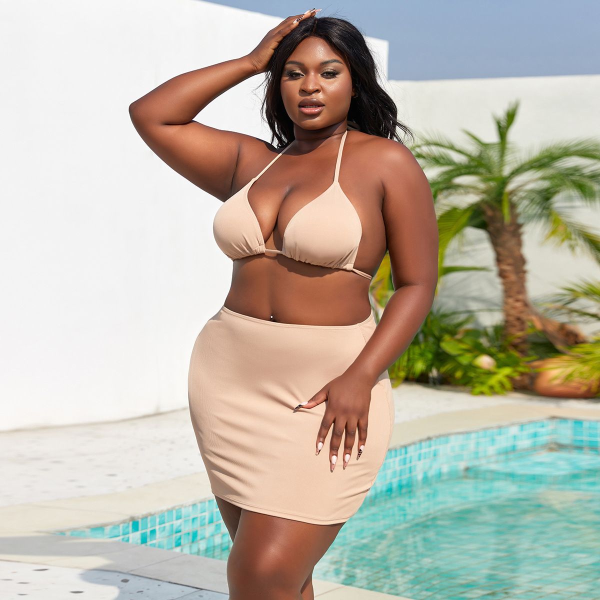 (image for) Plus Size 3‑Piece Halter Backless Bikini Set Solid Skirted Swimwear for Women