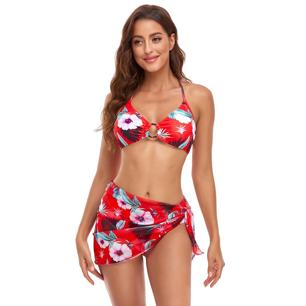 (image for) 3‑Piece Floral Printed Bikini Set with Mesh Cover‑Up Skirt Women Swimwear Bathing Suit