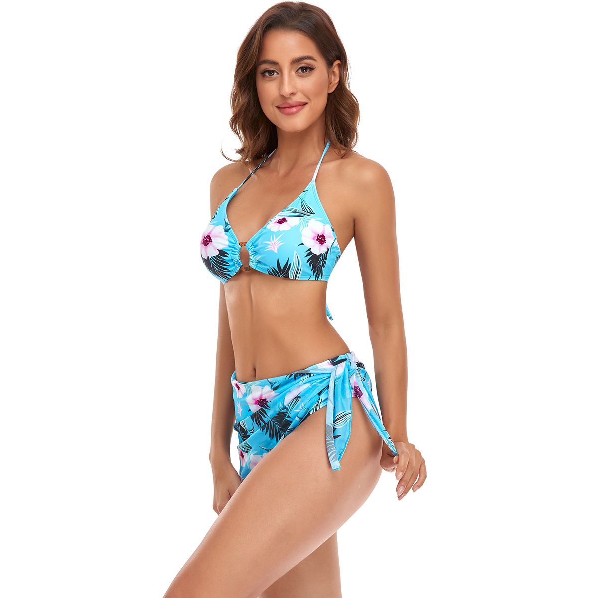 (image for) 3‑Piece Floral Printed Bikini Set with Mesh Cover‑Up Skirt Women Swimwear Bathing Suit