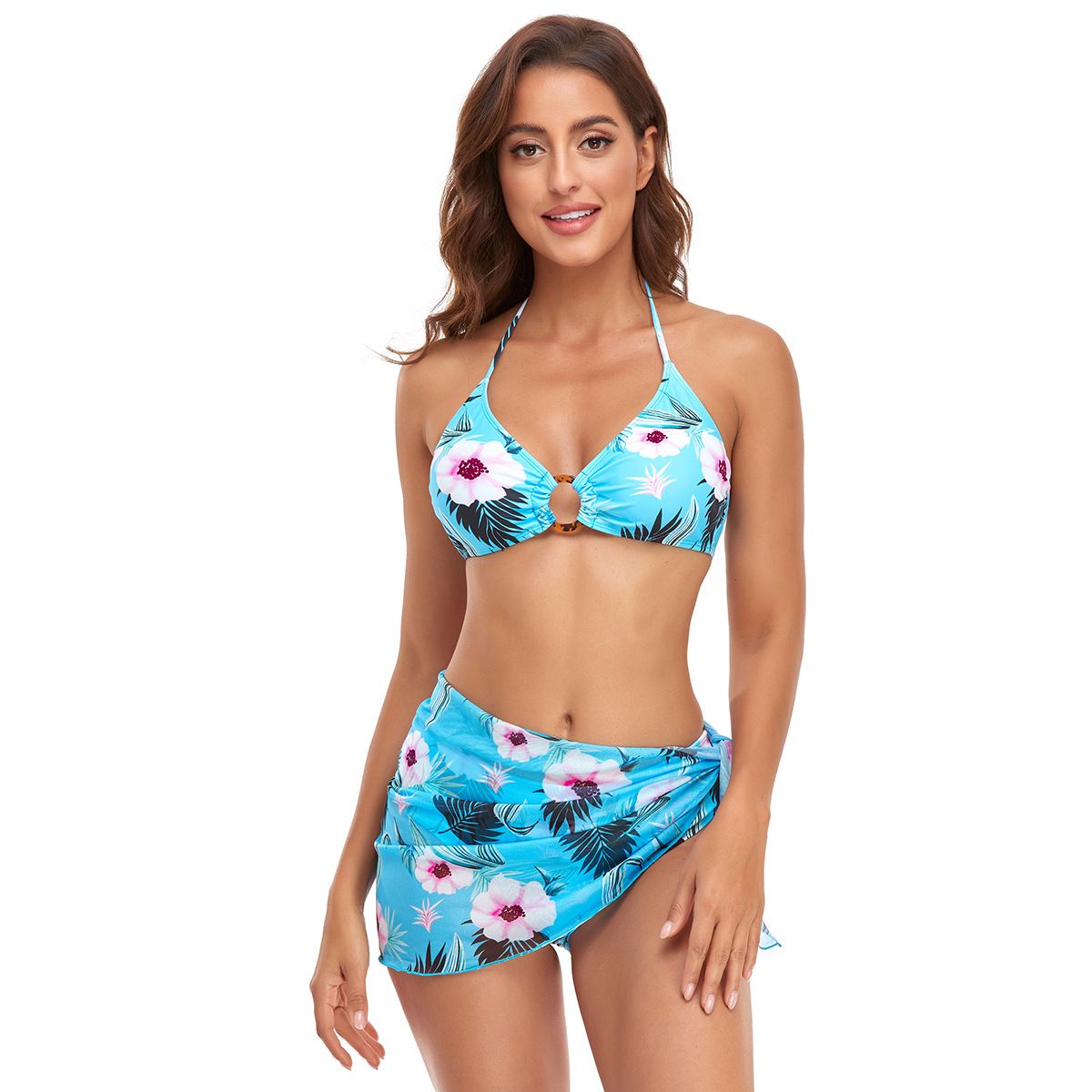 (image for) 3‑Piece Floral Printed Bikini Set with Mesh Cover‑Up Skirt Women Swimwear Bathing Suit