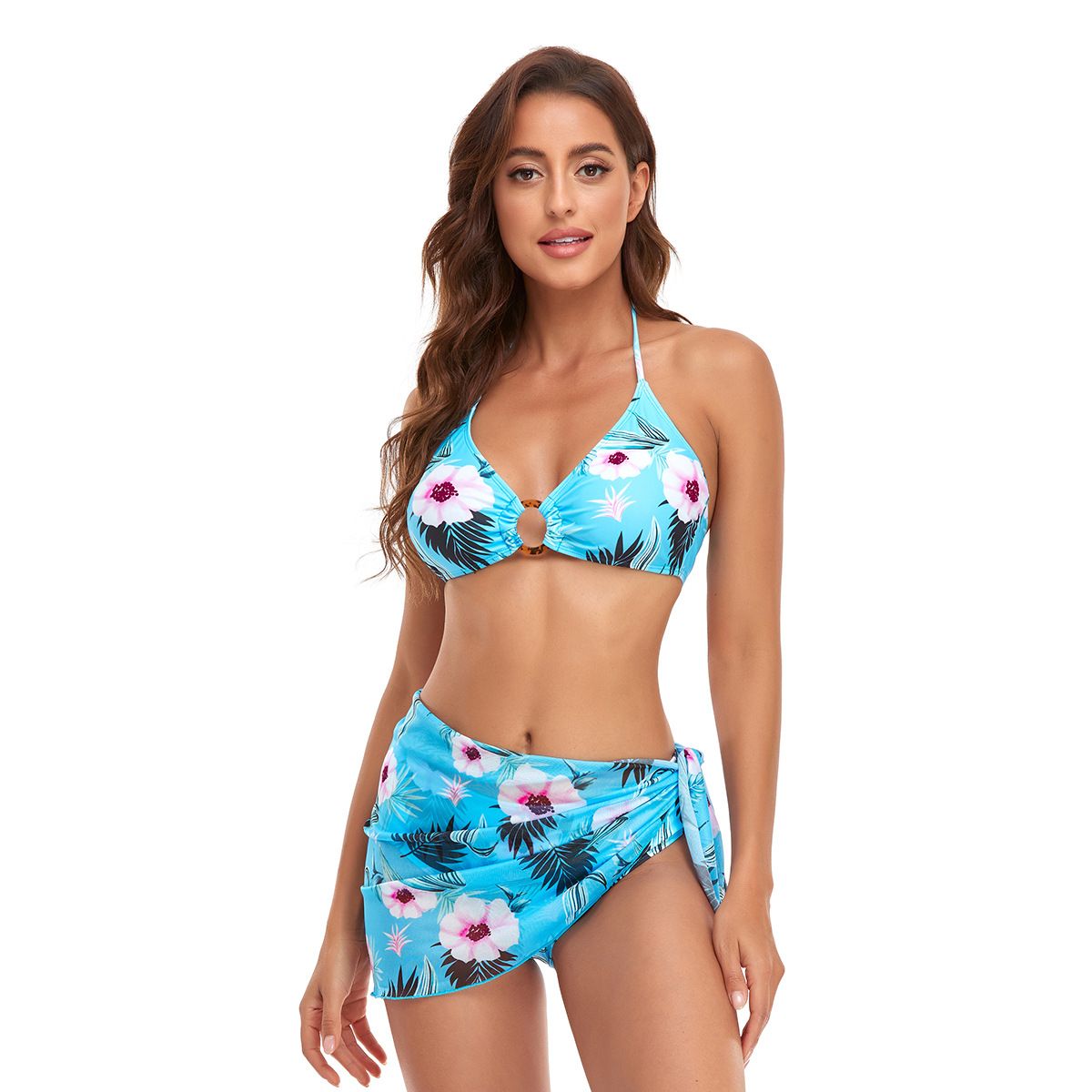 (image for) 3‑Piece Floral Printed Bikini Set with Mesh Cover‑Up Skirt Women Swimwear Bathing Suit
