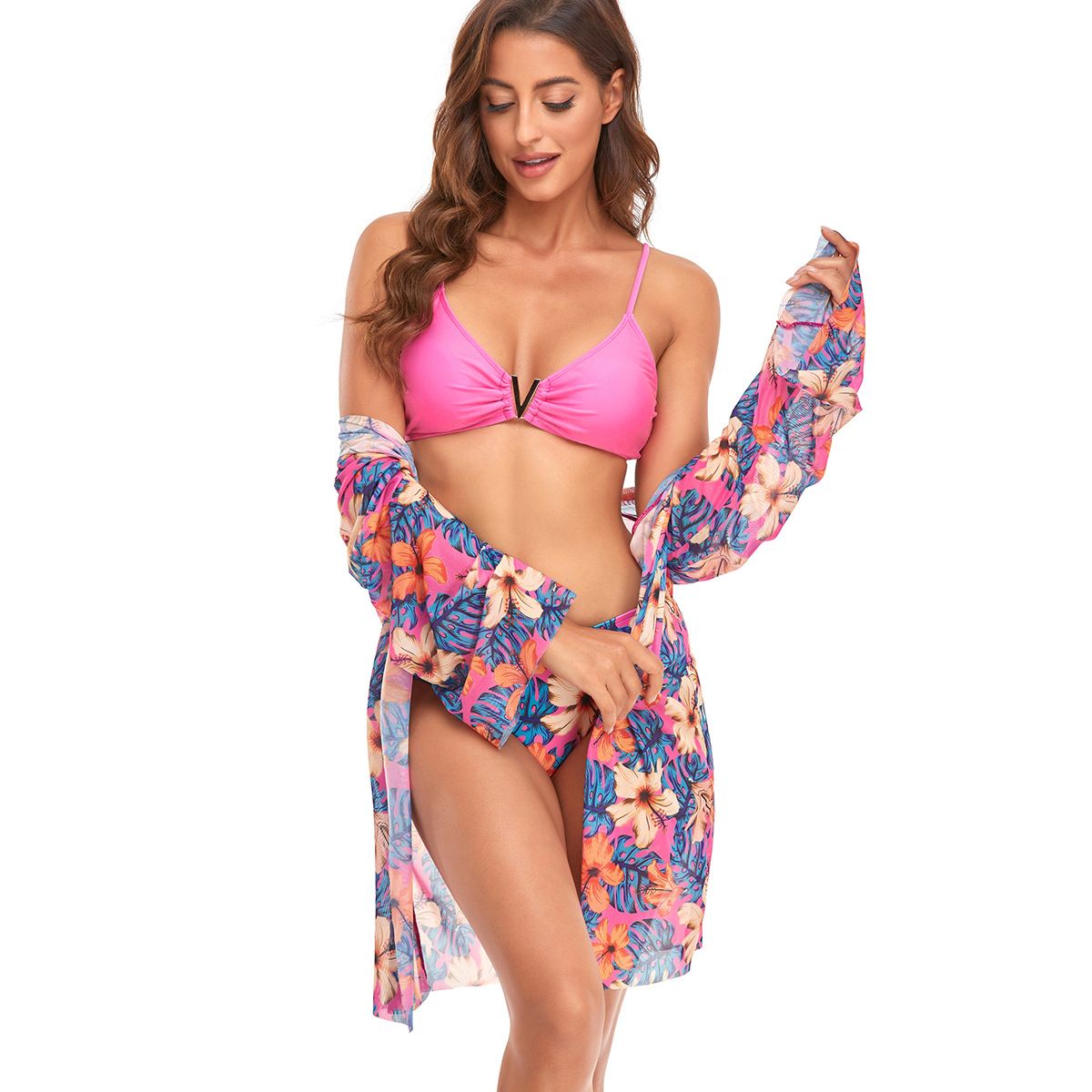 (image for) 3‑Piece Floral Print Bikini Set with Kimono Cover‑Up Women Swimwear Bathing Suit