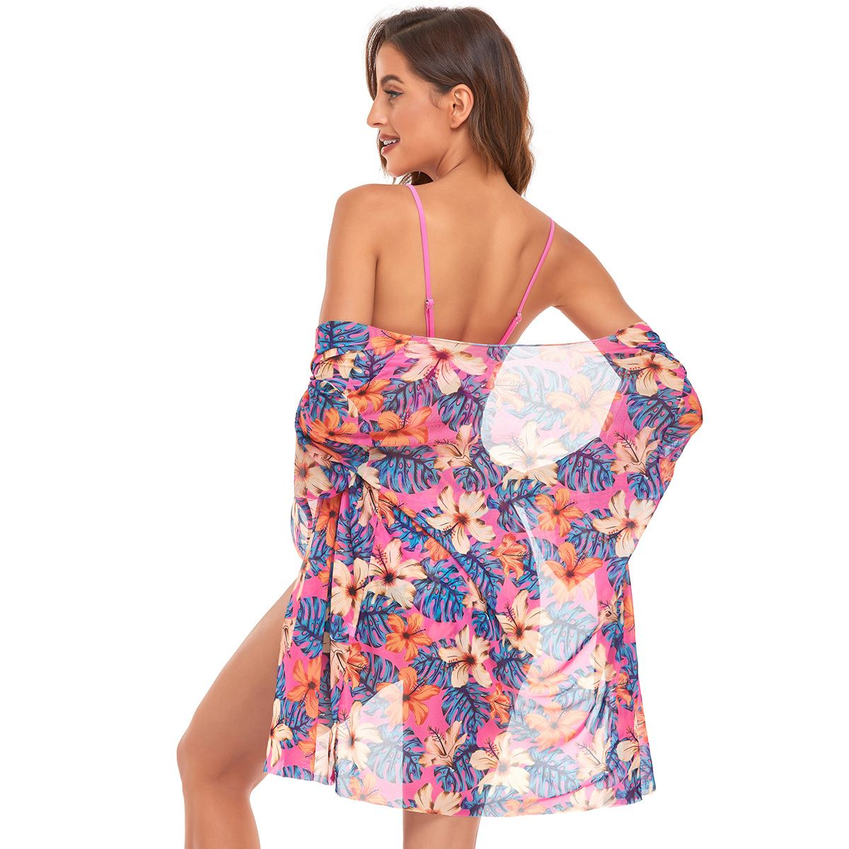 (image for) 3‑Piece Floral Print Bikini Set with Kimono Cover‑Up Women Swimwear Bathing Suit