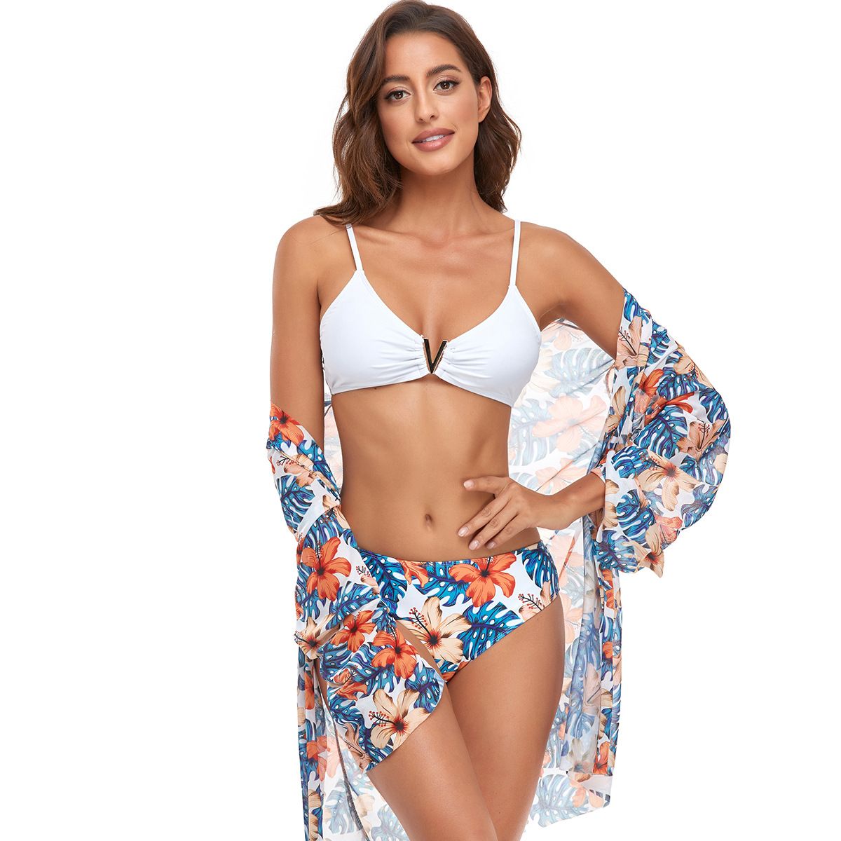 (image for) 3‑Piece Floral Print Bikini Set with Kimono Cover‑Up Women Swimwear Bathing Suit