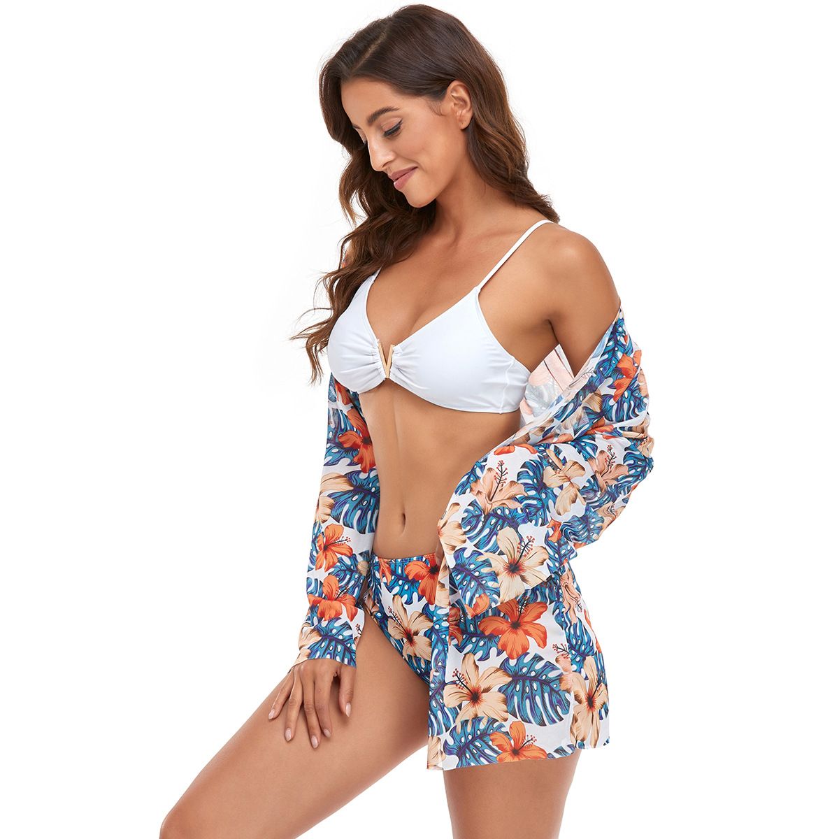 (image for) 3‑Piece Floral Print Bikini Set with Kimono Cover‑Up Women Swimwear Bathing Suit