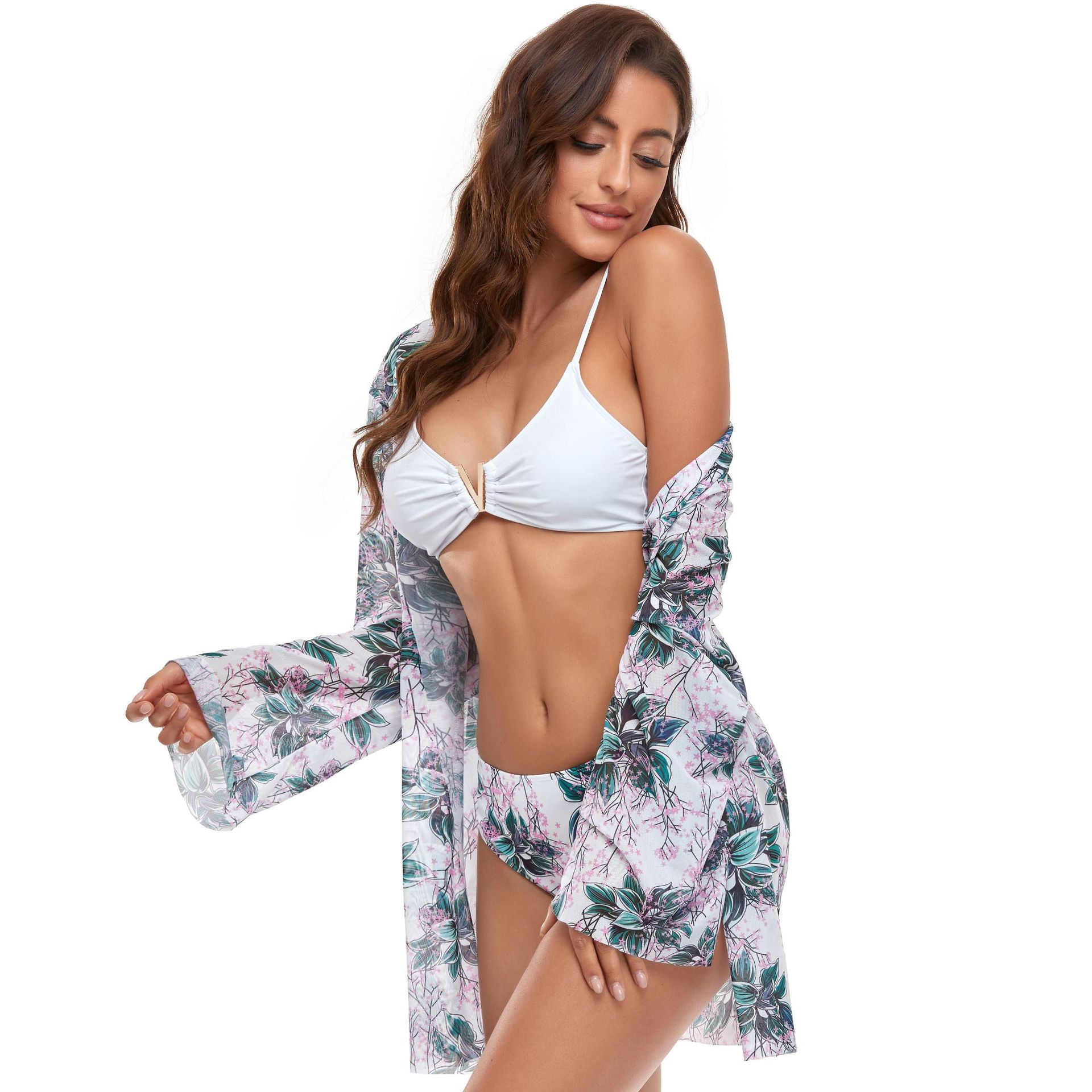 (image for) 3‑Piece Floral Print Bikini Set with Kimono Cover‑Up Women Swimwear Bathing Suit