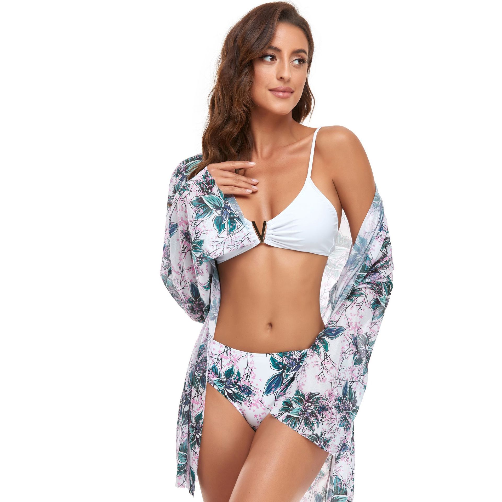 (image for) 3‑Piece Floral Print Bikini Set with Kimono Cover‑Up Women Swimwear Bathing Suit