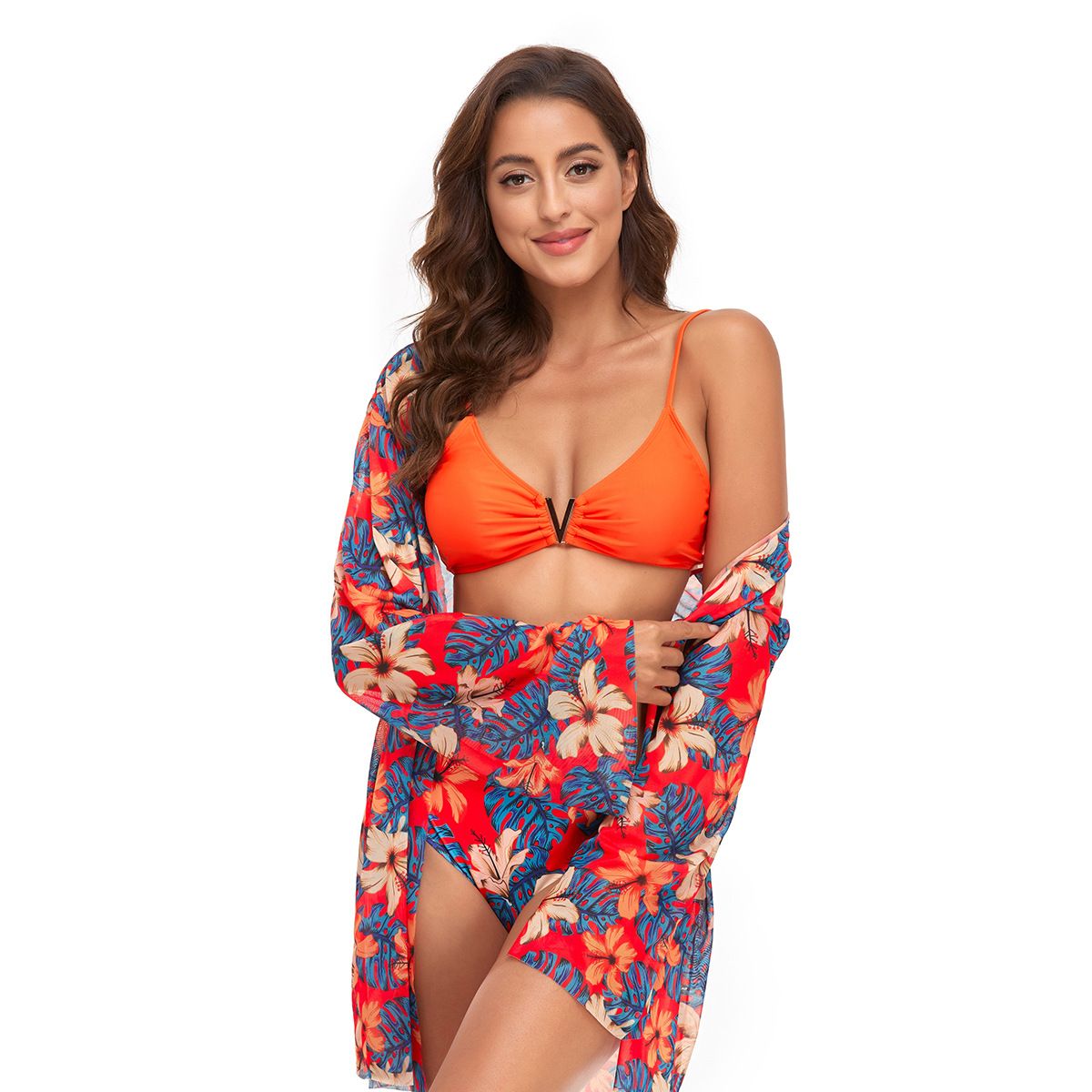 (image for) 3‑Piece Floral Print Bikini Set with Kimono Cover‑Up Women Swimwear Bathing Suit