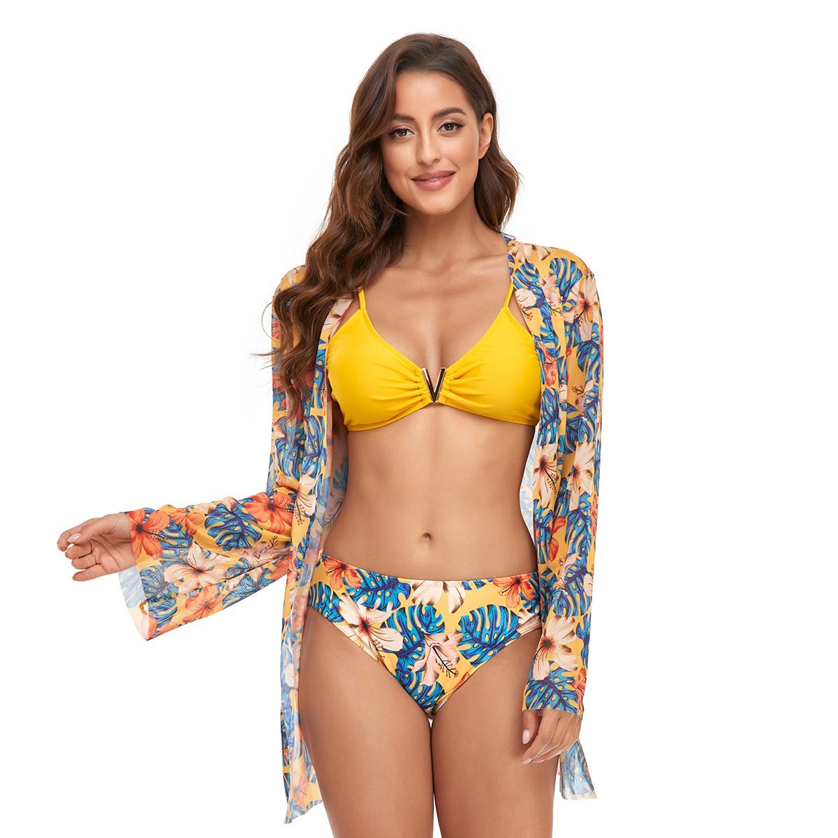 (image for) 3‑Piece Floral Print Bikini Set with Kimono Cover‑Up Women Swimwear Bathing Suit