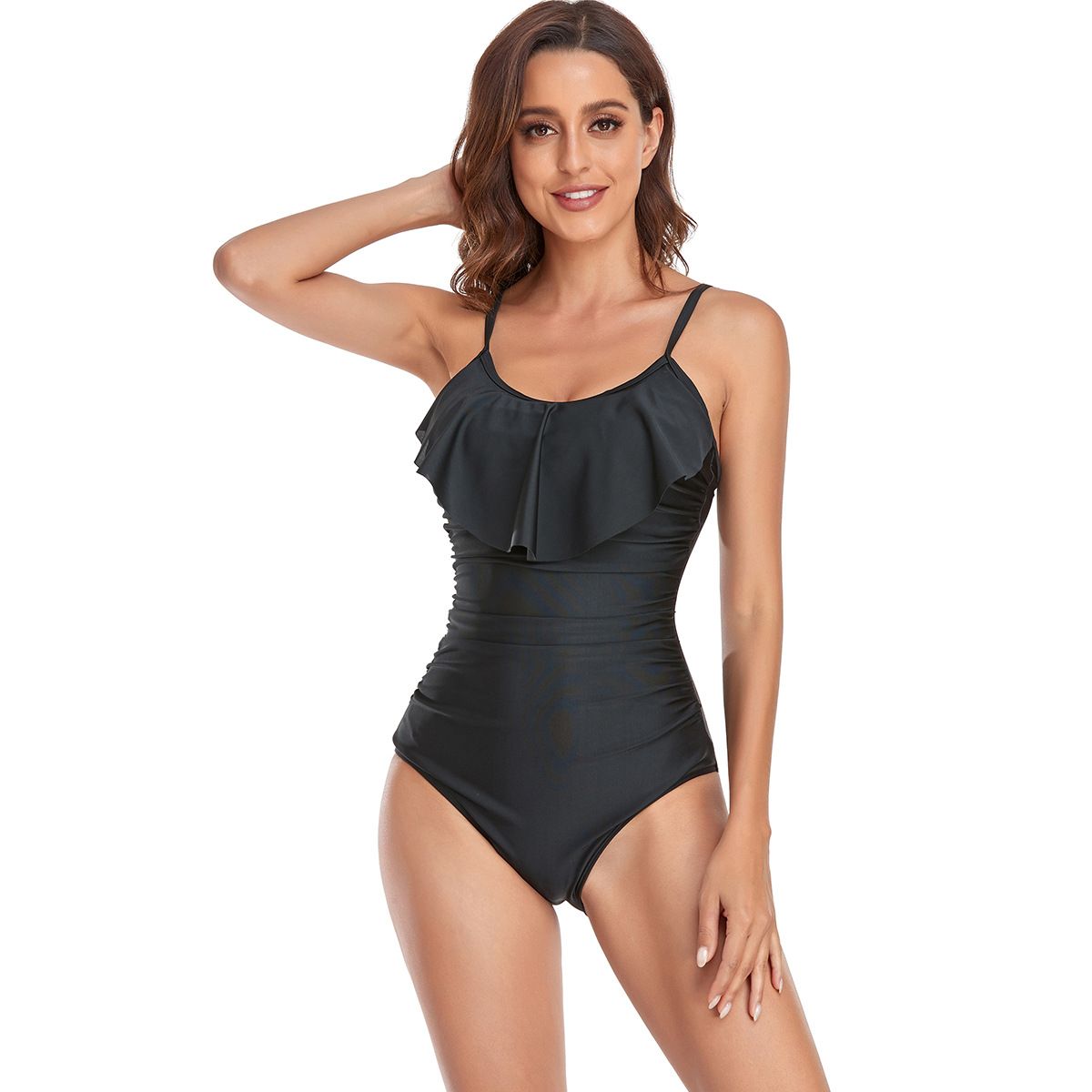 (image for) Women Ruffle One‑Piece Swimsuit Solid Color Conservative Bikini Swimwear Multi‑Color Bathing Suit