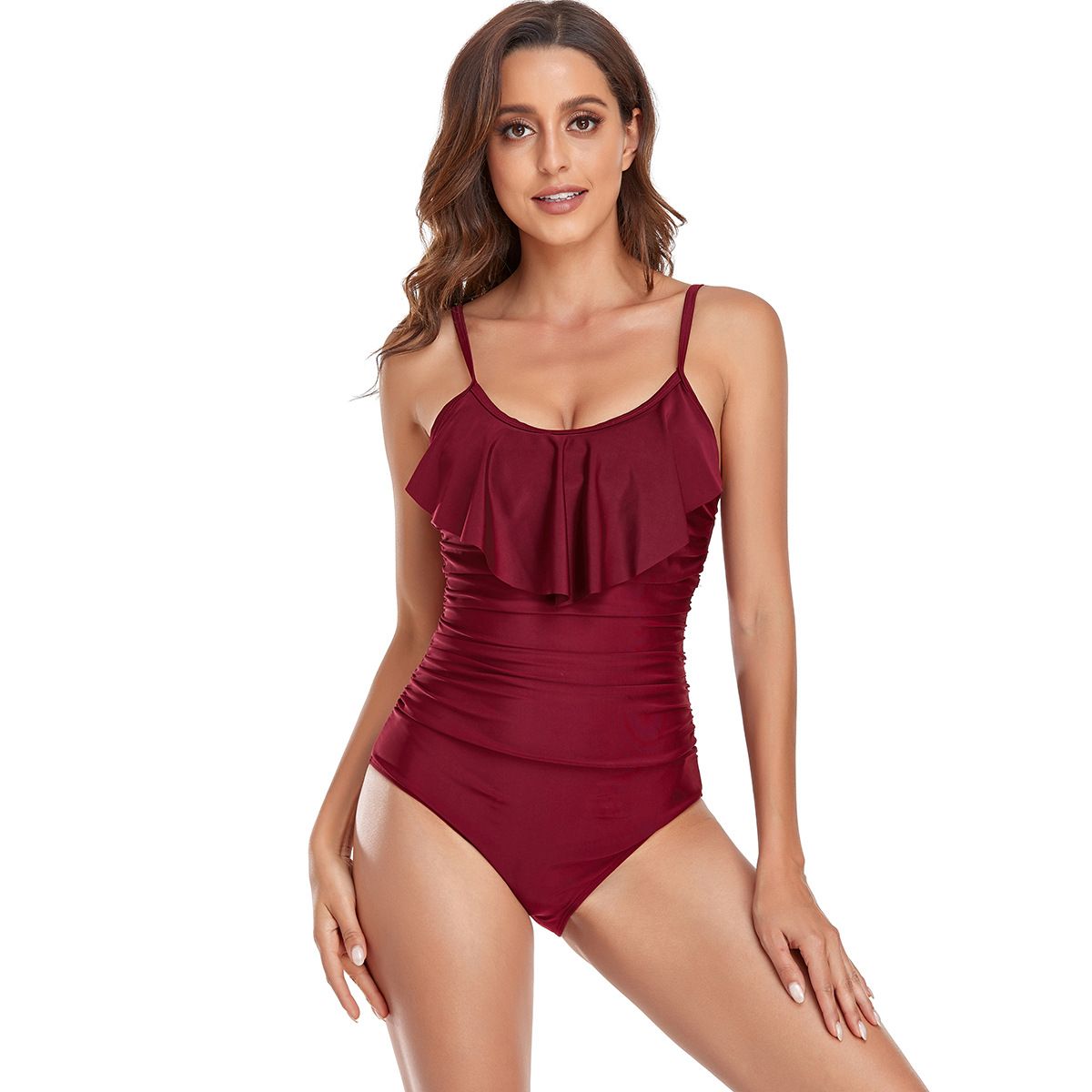 (image for) Women Ruffle One‑Piece Swimsuit Solid Color Conservative Bikini Swimwear Multi‑Color Bathing Suit