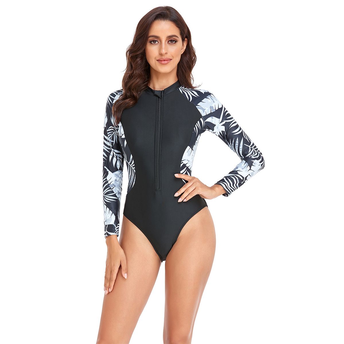 (image for) New Women One‑Piece Printed Long Sleeve Zipper Tight Swimsuit Rash Guard Surfing Suit