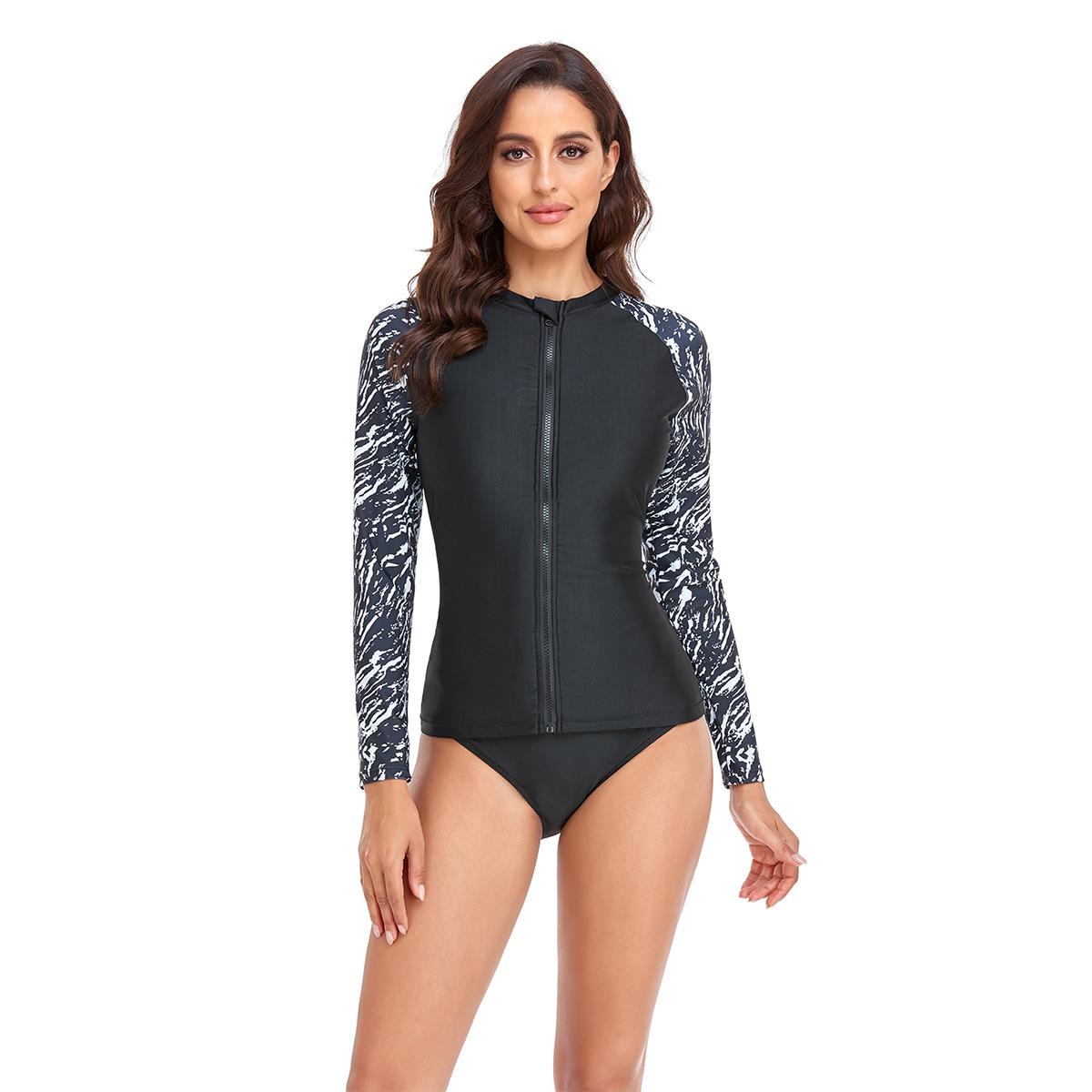 (image for) Women Zip Front Long Sleeve Floral Print 2 Piece Rash Guard Swimsuit Set, Separate Modest Surf Bathing Suit