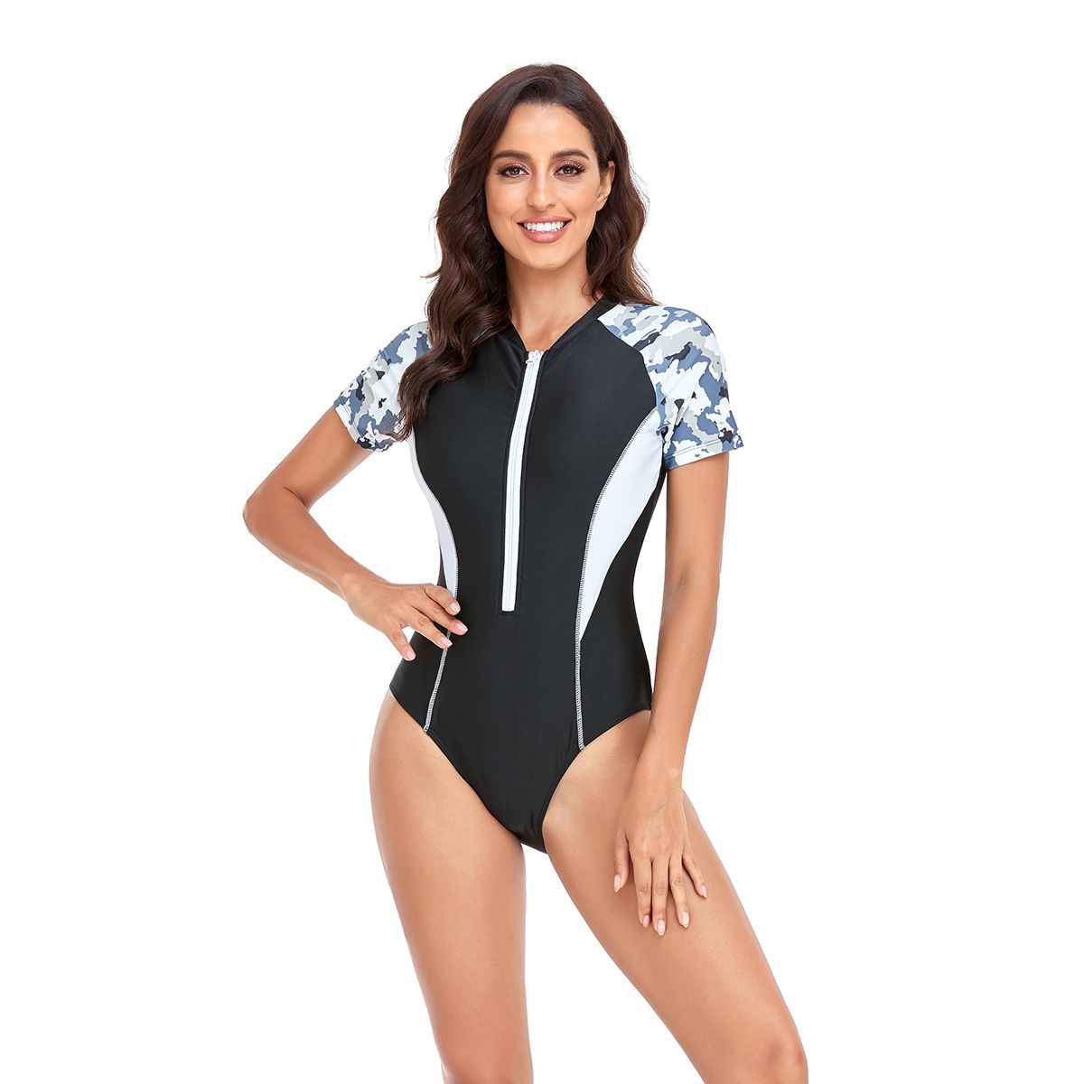 (image for) Women Short Sleeve One‑Piece Sports Swimsuit Front Zip Patchwork Surfing Bathing Suit