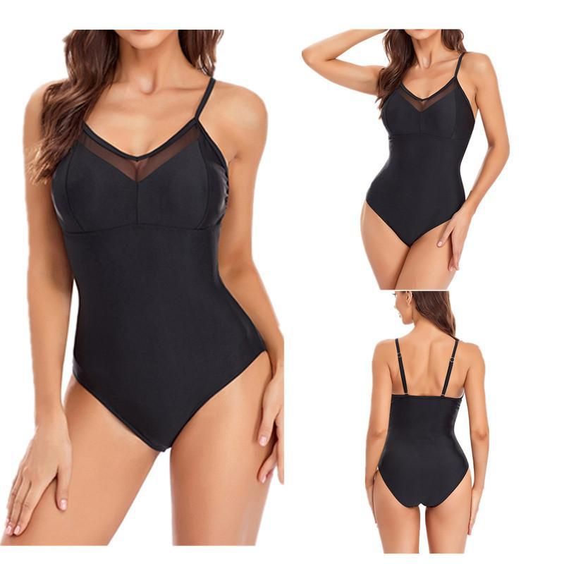 (image for) Women Sexy Mesh V‑Neck Solid One‑Piece Swimsuit Spaghetti Straps Bathing Suit