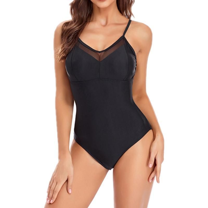 (image for) Women Sexy Mesh V‑Neck Solid One‑Piece Swimsuit Spaghetti Straps Bathing Suit