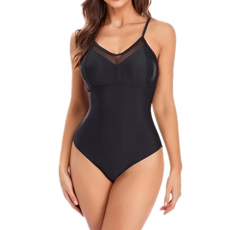 (image for) Women Sexy Mesh V‑Neck Solid One‑Piece Swimsuit Spaghetti Straps Bathing Suit