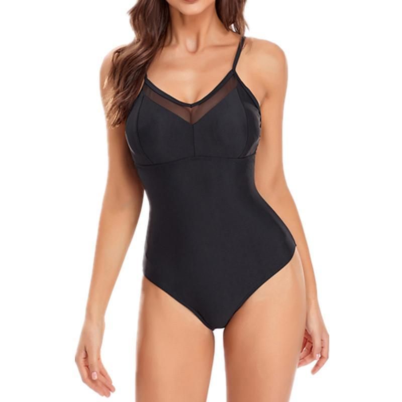 (image for) Women Sexy Mesh V‑Neck Solid One‑Piece Swimsuit Spaghetti Straps Bathing Suit