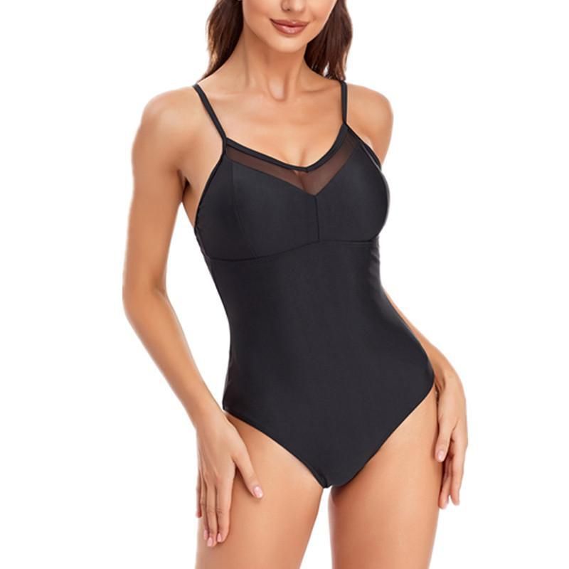 (image for) Women Sexy Mesh V‑Neck Solid One‑Piece Swimsuit Spaghetti Straps Bathing Suit