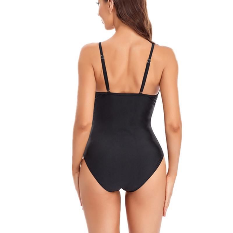 (image for) Women Sexy Mesh V‑Neck Solid One‑Piece Swimsuit Spaghetti Straps Bathing Suit