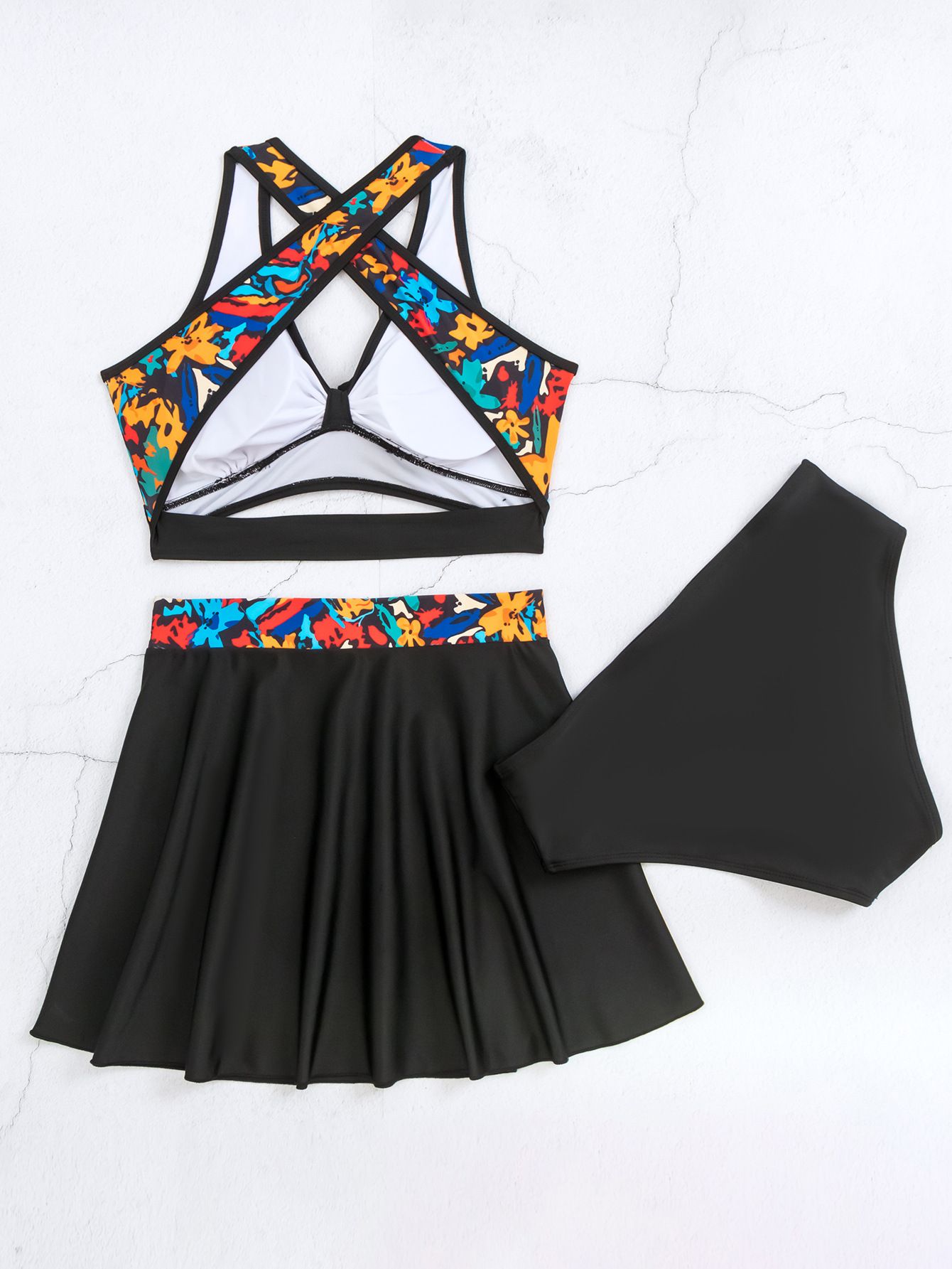 (image for) Women Printed Three Piece Swimsuit Tie Front Bikini Top Skirted Bottom Bathing Suit