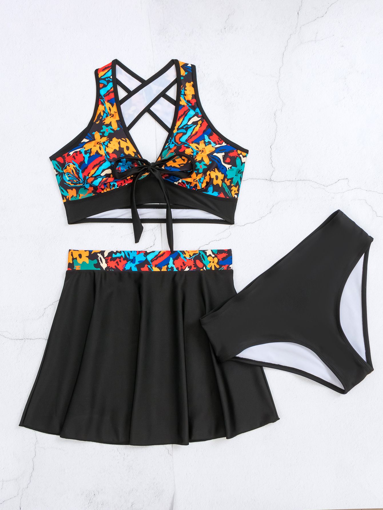 (image for) Women Printed Three Piece Swimsuit Tie Front Bikini Top Skirted Bottom Bathing Suit
