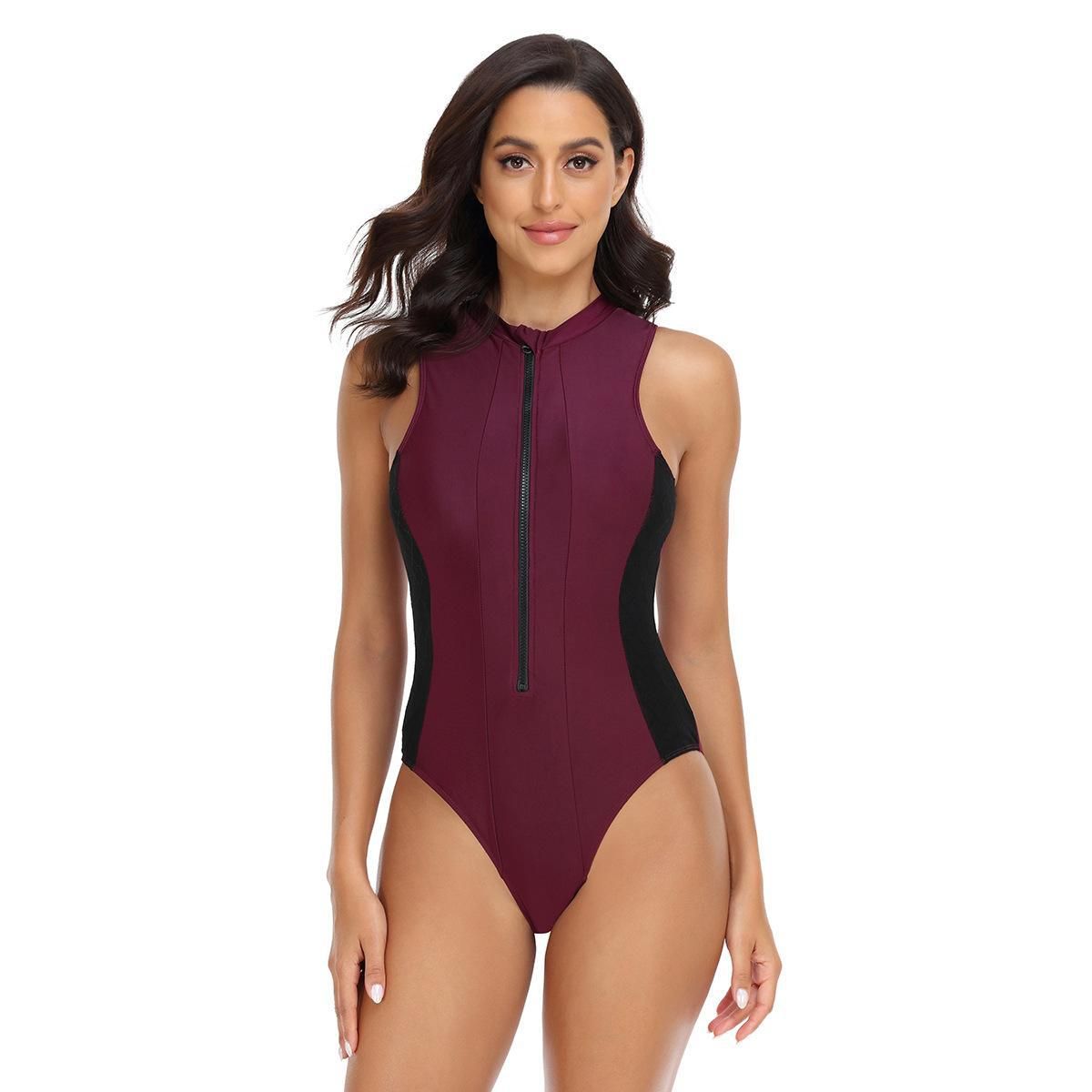 (image for) New Women Sport One‑Piece Swimsuit Zip‑Up Tight Color‑Block Surfing Suit