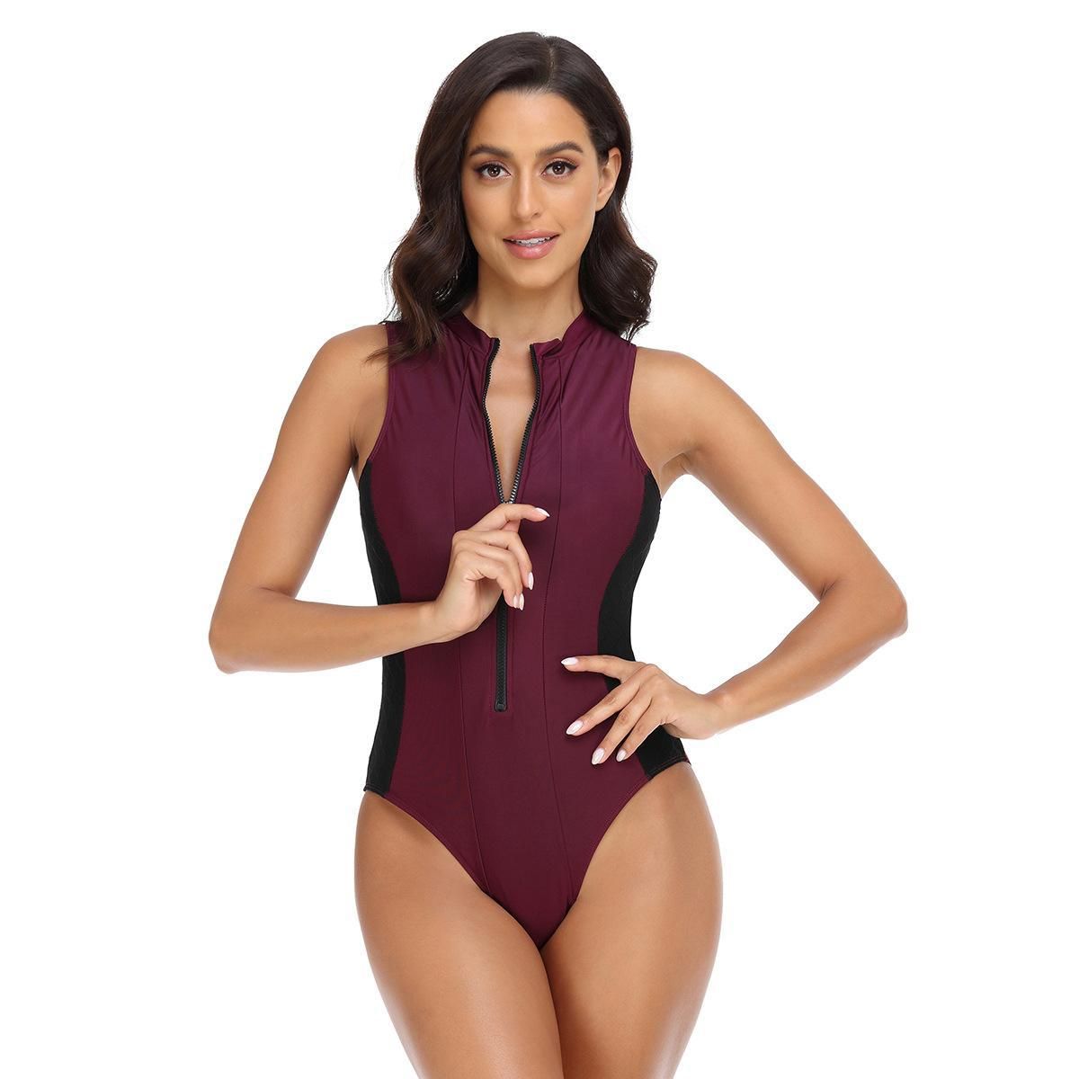 (image for) New Women Sport One‑Piece Swimsuit Zip‑Up Tight Color‑Block Surfing Suit