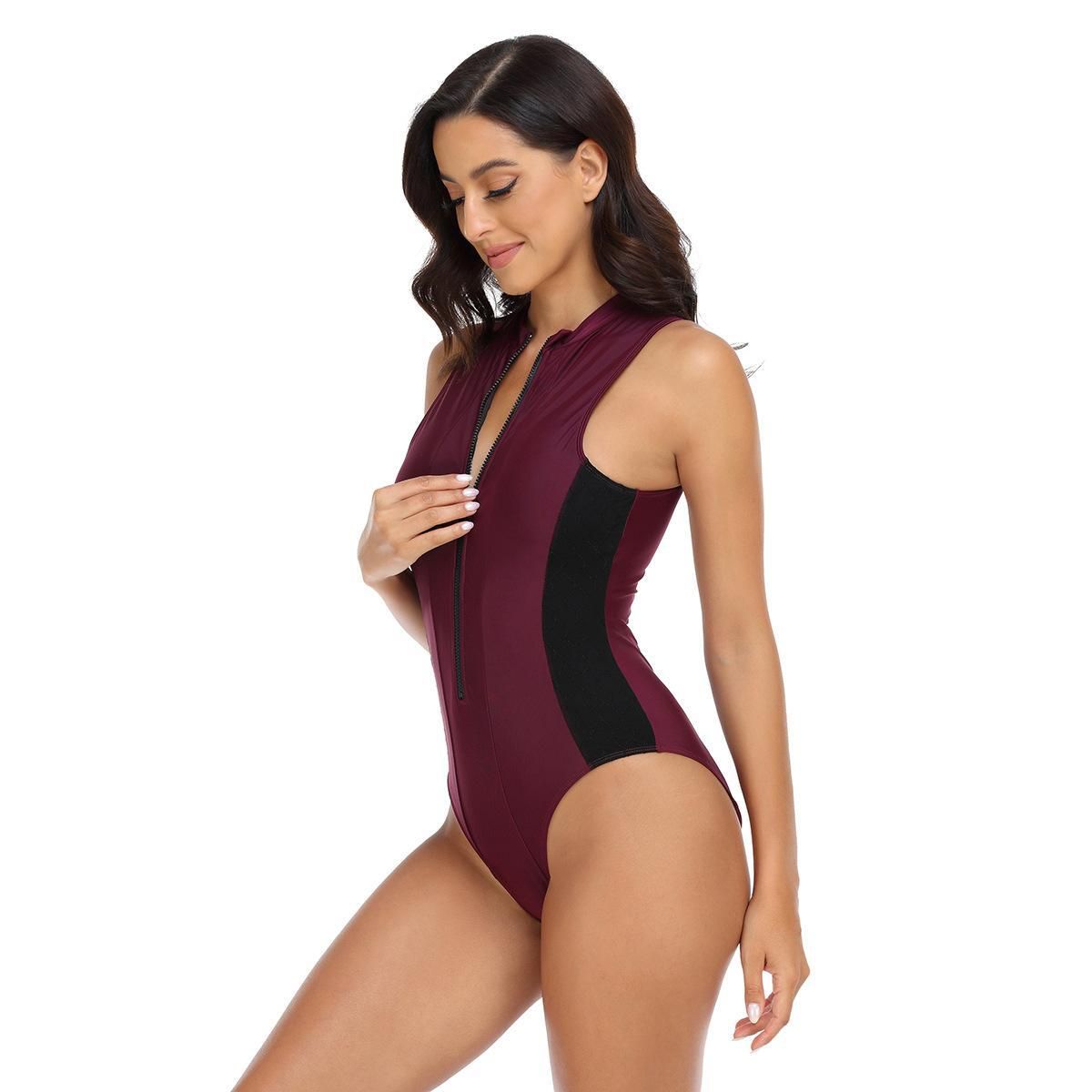 (image for) New Women Sport One‑Piece Swimsuit Zip‑Up Tight Color‑Block Surfing Suit