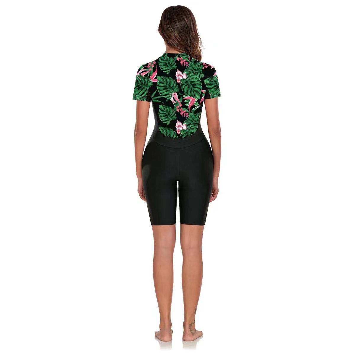 (image for) New Women Printed One‑Piece Swimsuit Short Sleeve Athletic Surfing Wetsuit