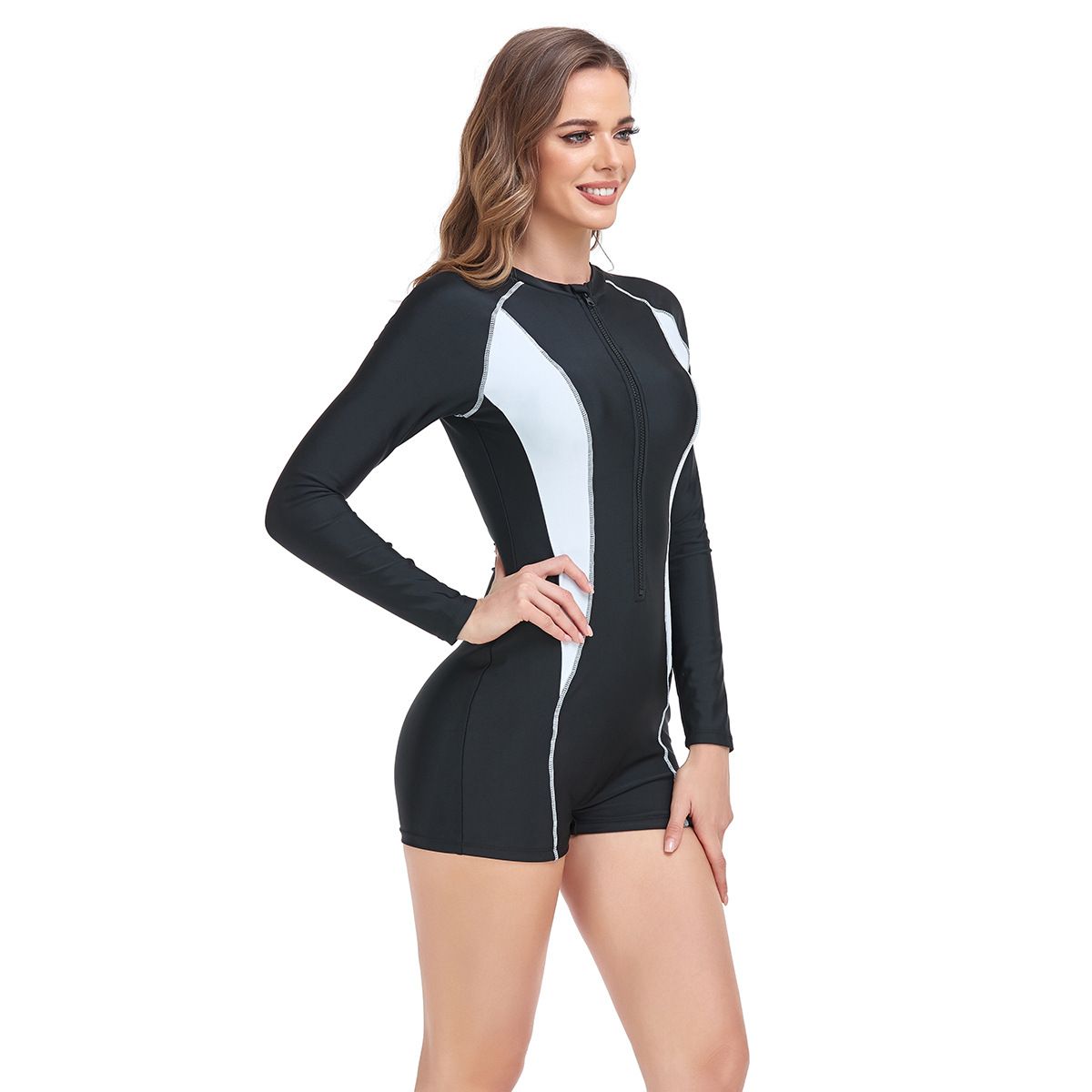 (image for) New Women One‑Piece Sun‑Protective Swimsuit Solid Color Tight Conservative Surfing Wetsuit