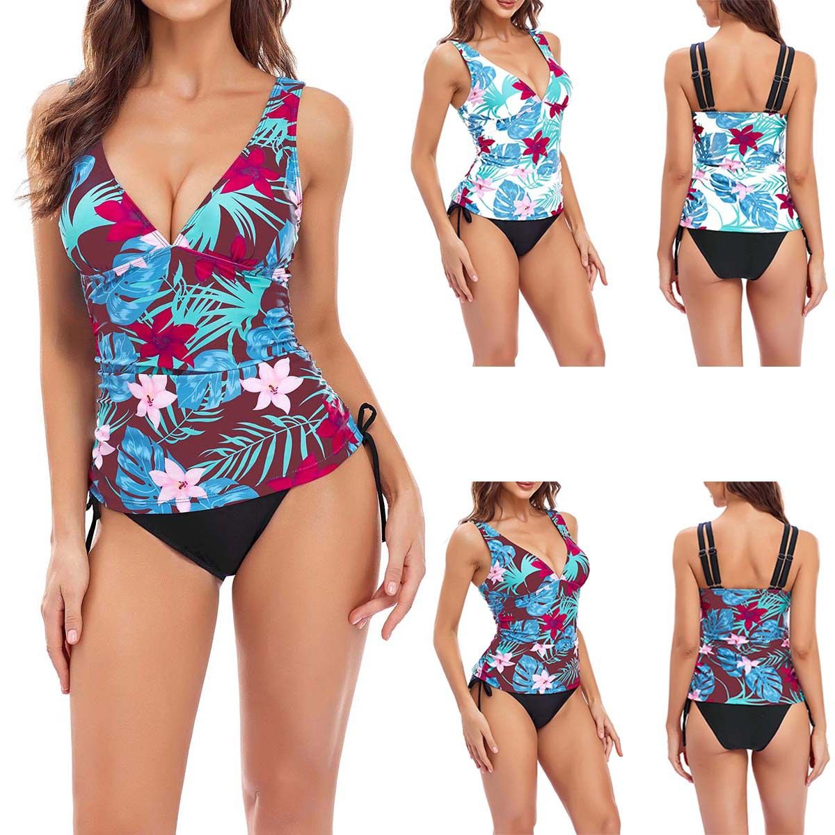 (image for) Women Floral Printed Side‑Drawstring Tankini Two‑Piece Swimsuit, V‑Neck Conservative Bathing Suit