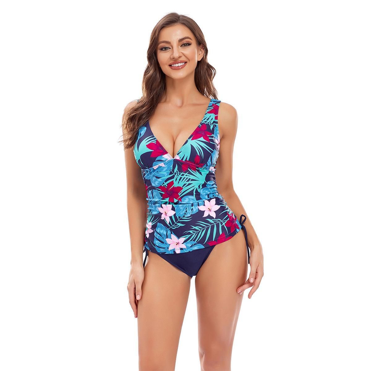 (image for) Women Floral Printed Side‑Drawstring Tankini Two‑Piece Swimsuit, V‑Neck Conservative Bathing Suit