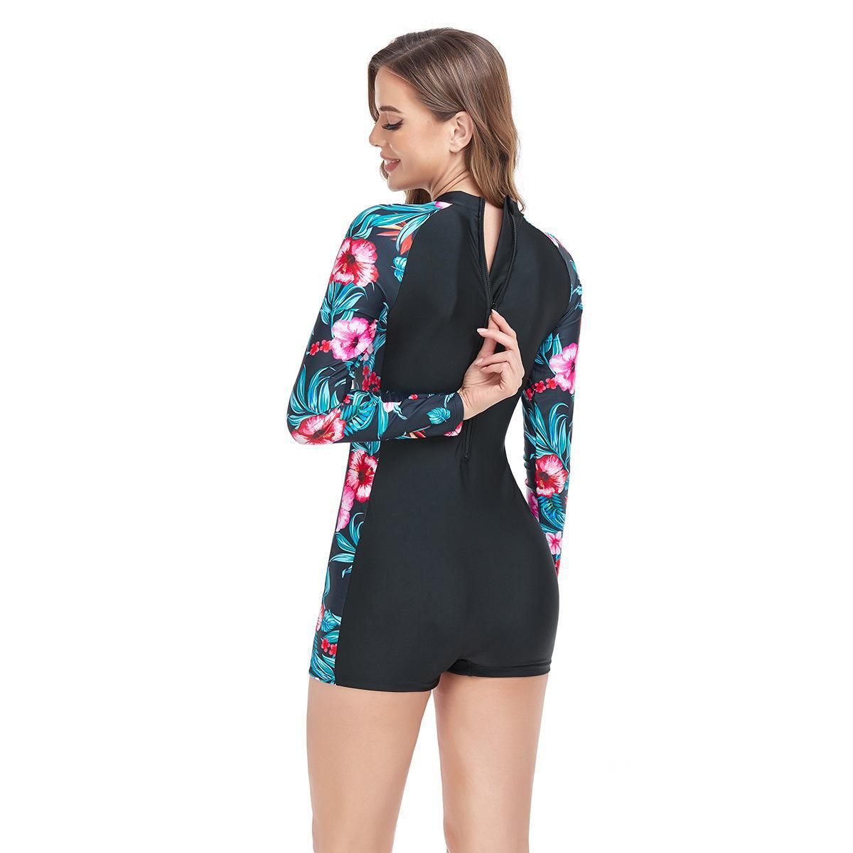 (image for) Long Sleeve Floral Print One‑Piece Boyleg Rash Guard Swimsuit