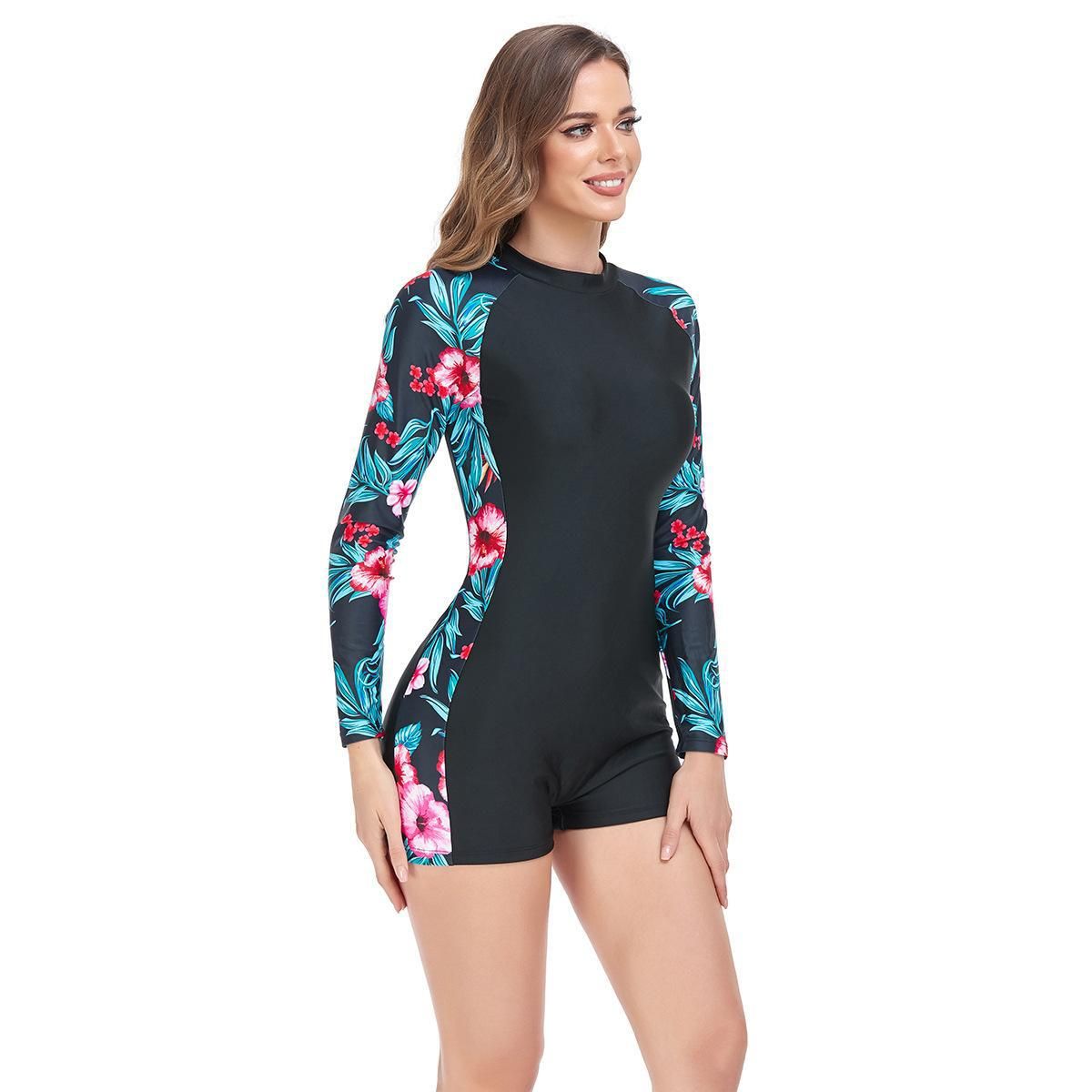 (image for) Long Sleeve Floral Print One‑Piece Boyleg Rash Guard Swimsuit