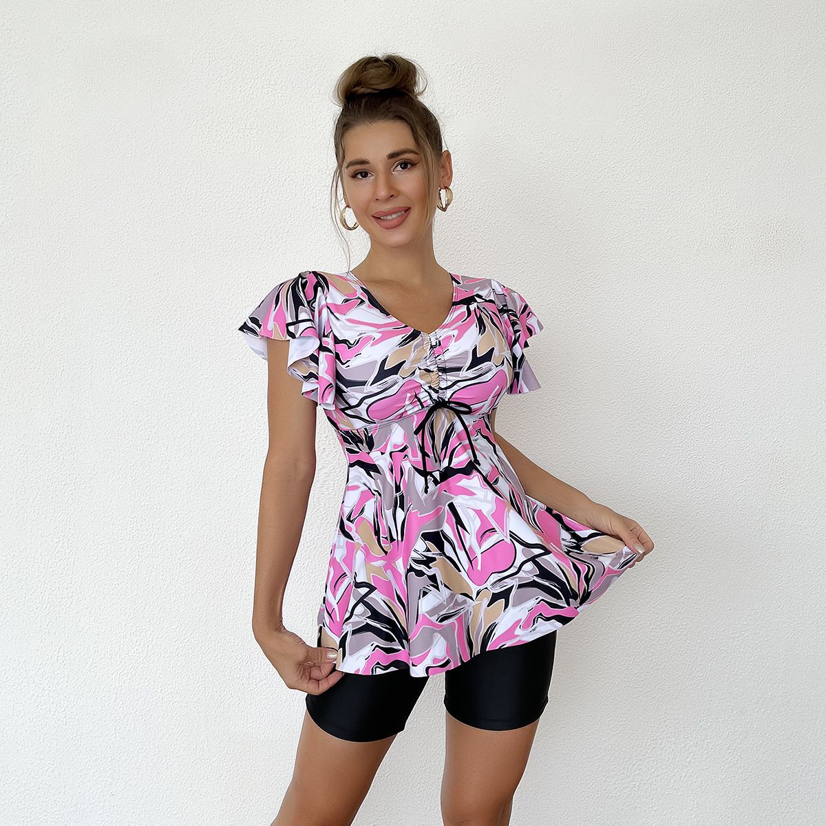 (image for) Short Sleeve Floral Tankini Set V‑Neck Ruffle Two‑Piece Swimsuit with Boyshort Bottom