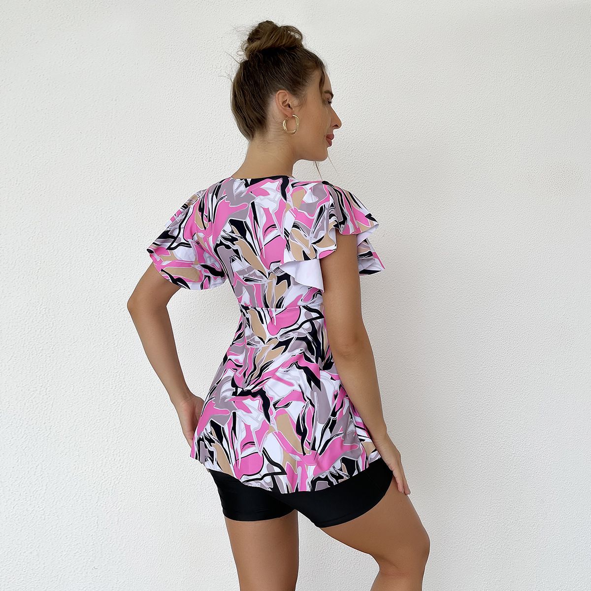 (image for) Short Sleeve Floral Tankini Set V‑Neck Ruffle Two‑Piece Swimsuit with Boyshort Bottom