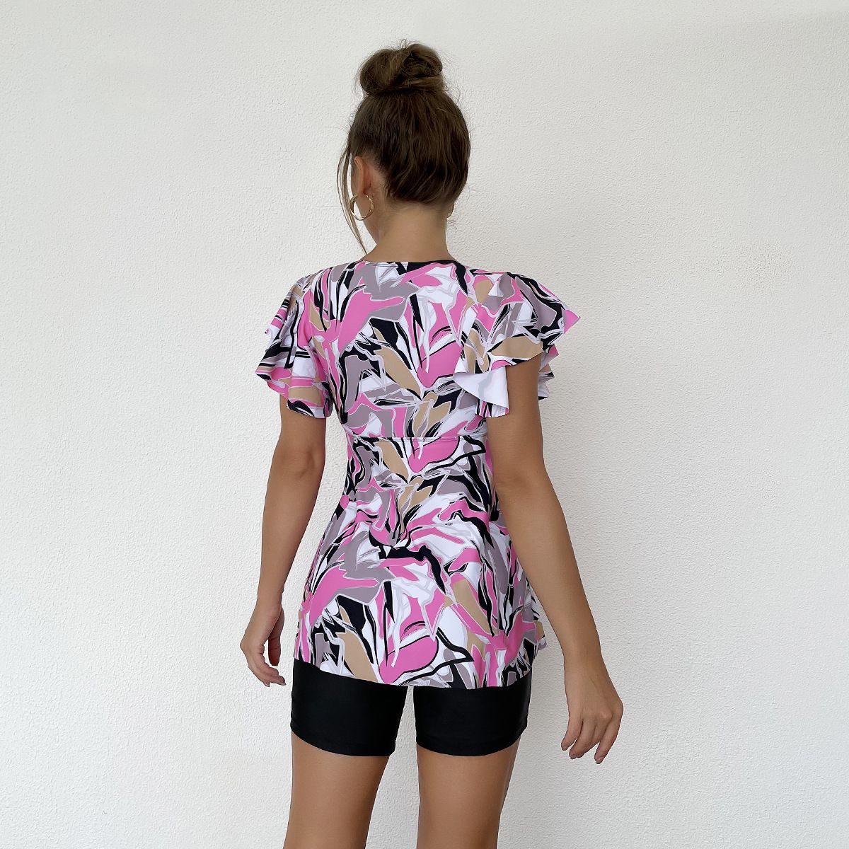 (image for) Short Sleeve Floral Tankini Set V‑Neck Ruffle Two‑Piece Swimsuit with Boyshort Bottom