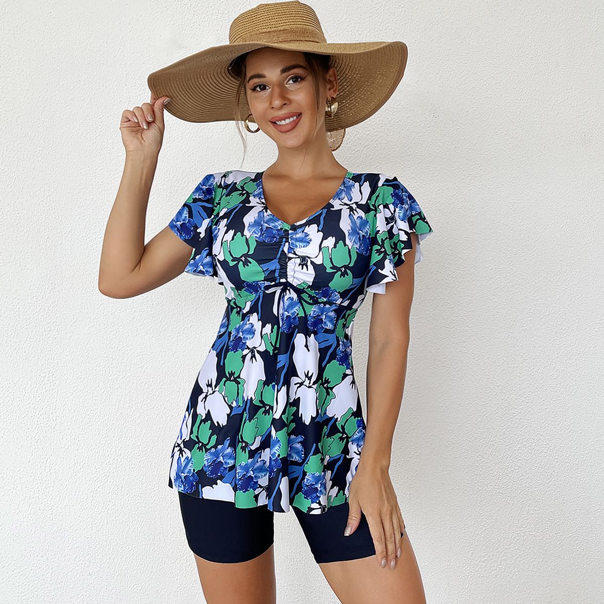 (image for) Short Sleeve Floral Tankini Set V‑Neck Ruffle Two‑Piece Swimsuit with Boyshort Bottom